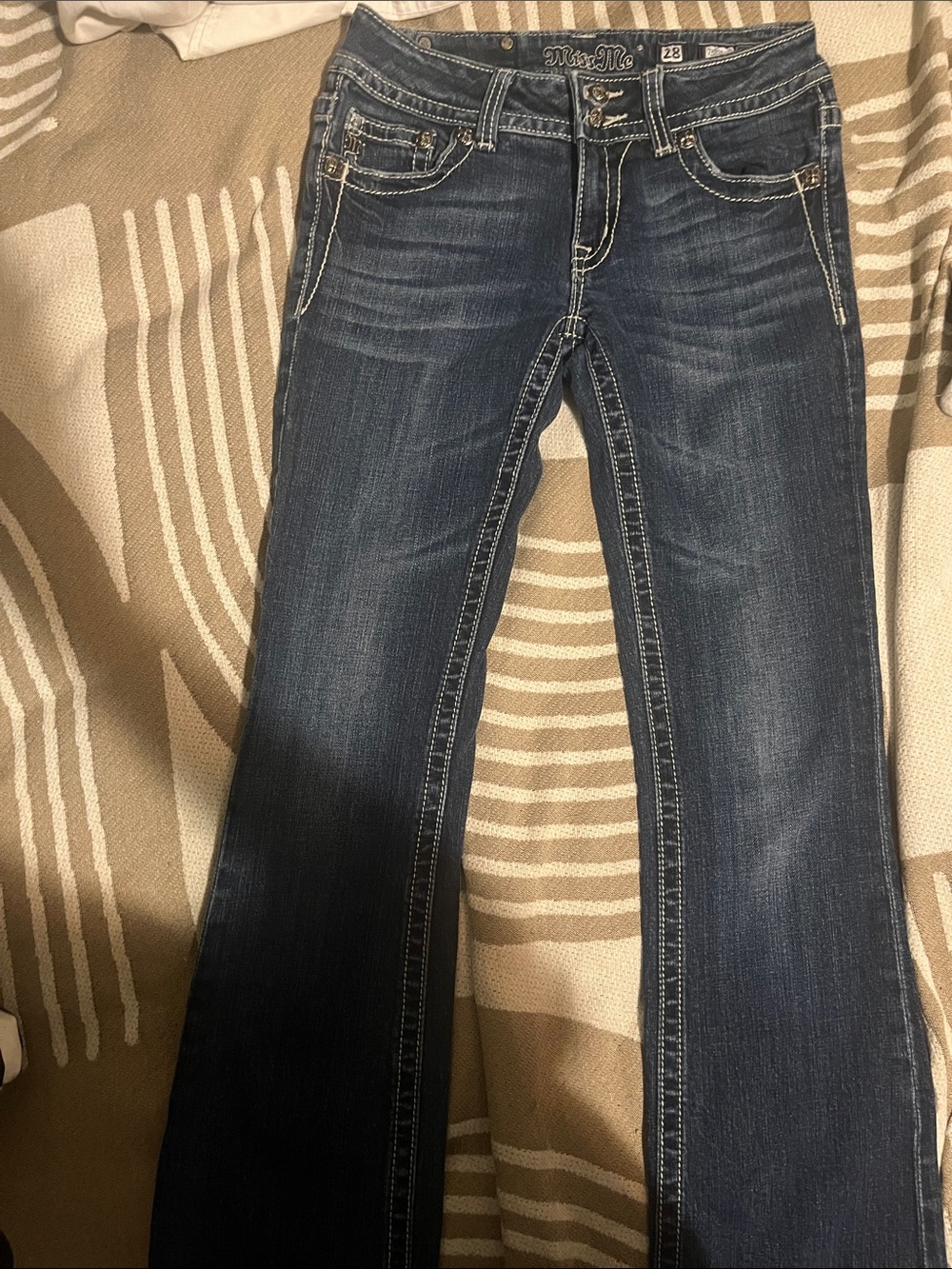Miss Me Dark Indigo Flare Jeans with Contrast Stitching